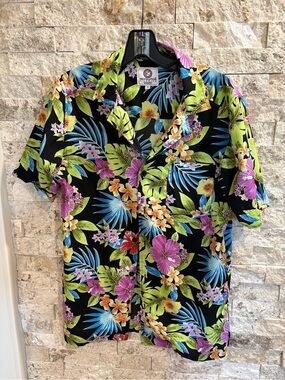 Revolution Black Hawaiian Shirt with Green, Blue & Purple Floral Print men’s S